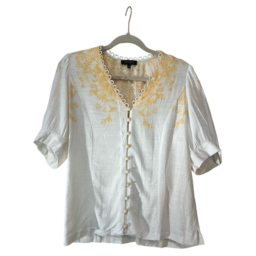 1. State White and Yellow Floral Blouse with Scalloped Neckline and Button Front